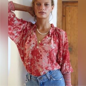 Chufy - Memories of Peru - Paracas Blouse - Red Geo Floral Luxury Sz Small